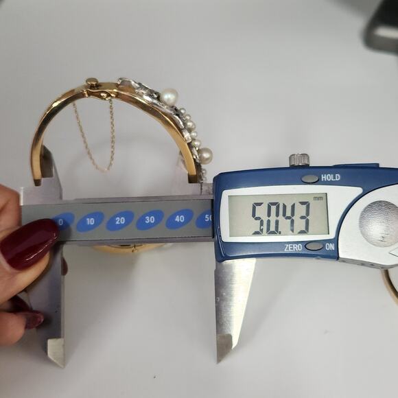 Vintage 14k Two Tone Gold Diamond Pearls Bangle Bracelet - Picture 13 of 14